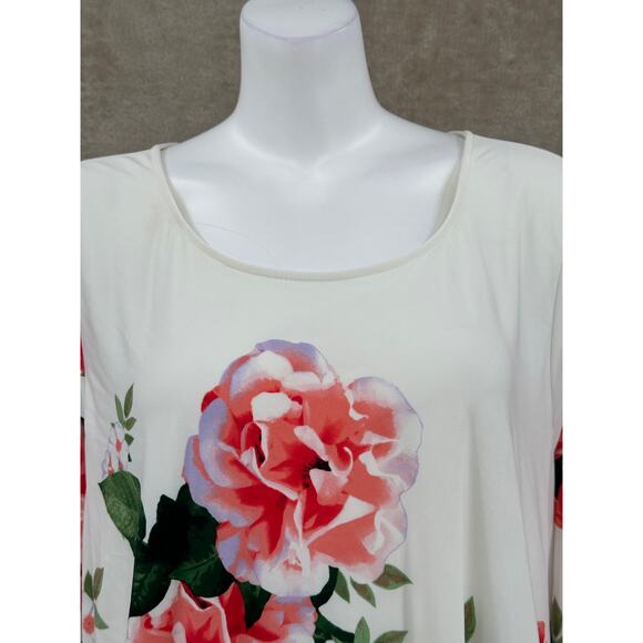 Calvin Klein Top Womens 3X Ivory Red Floral Bell Sleeve Boho Stretch Spring Work - Picture 2 of 13